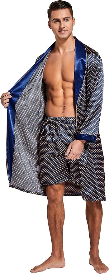 Tony & Candice Men's Satin Robe Lightweight Long Sleeve Silk Kimono Bathrobe with Shorts Set Sleepwear