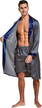 Tony & Candice Men's Satin Robe Lightweight Long Sleeve Silk Kimono Bathrobe with Shorts Set Sleepwear