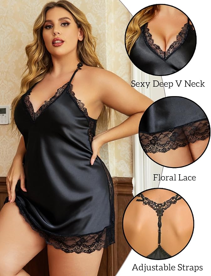 Avidlove Women Lingerie Plus Size Satin Lace Chemise Nightgown Sexy Full Slips Sleepwear L-4XL