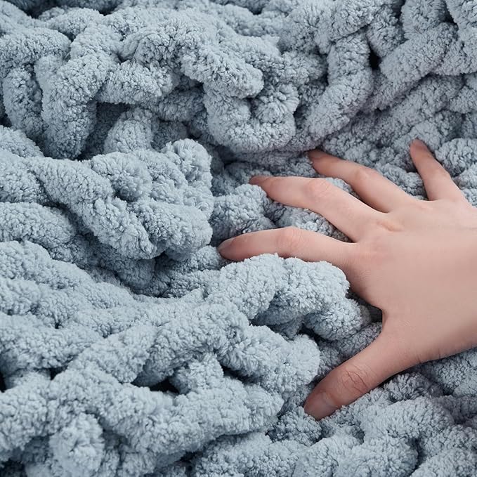 YAAPSU Chunky Knit Throw Blanket for Couch, 51"x63", 100% Hand Knitted Thick Cable Knit with Cozy Jumbo Chenille Yarn, Soft Large Rope Knot Crochet Blankets for Sofa Bed Living Room Décor, Fog Blue