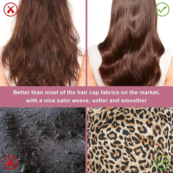 4Pcs Satin Bonnet Silk Bonnet, Hair Bonnet for Sleeping, Elastic Wide Band Silk Sleep Cap, Soft and Breathable(Leopard Print*4)