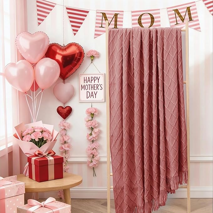 inhand Coral Pink Knitted Throw Blanket for Couch Bed, Mothers Day/Mom Birthday Gifts for Mom from Daughter Son, Soft Lightweight with Tassels, Farmhouse Warm Decorative Blanket for Women, 60"x80"