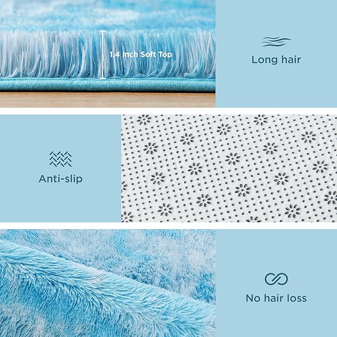 Litanika 6x9 Fluffy Shag Faux Fur Area Rug for Living Room Bedroom, Tie-Dyed Sky Blue High Pile Soft Plush Shaggy Furry Bedside Playroom Dorm Carpet, Non-Slip, Non-Shedding Modern Indoor Floor Rug