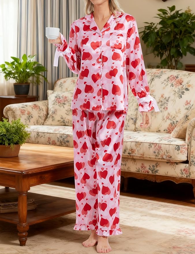 SWOMOG Womens Silk Satin Pajamas Set Long Sleeve Button Down Sleepwear 2 Piece Lounge Set Pj Set XS-3XL