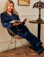SIHA Satin Silk Pajamas for Women Pajama Set With Long Sleeve Button-Down Satin Pajamas Sleepwear XS-3XL