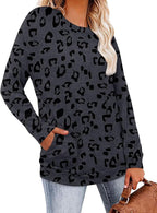 Magritta Women's Long Sleeve Leopard Color Block Tunic Comfy Crewneck T Shirt Tops Black XL