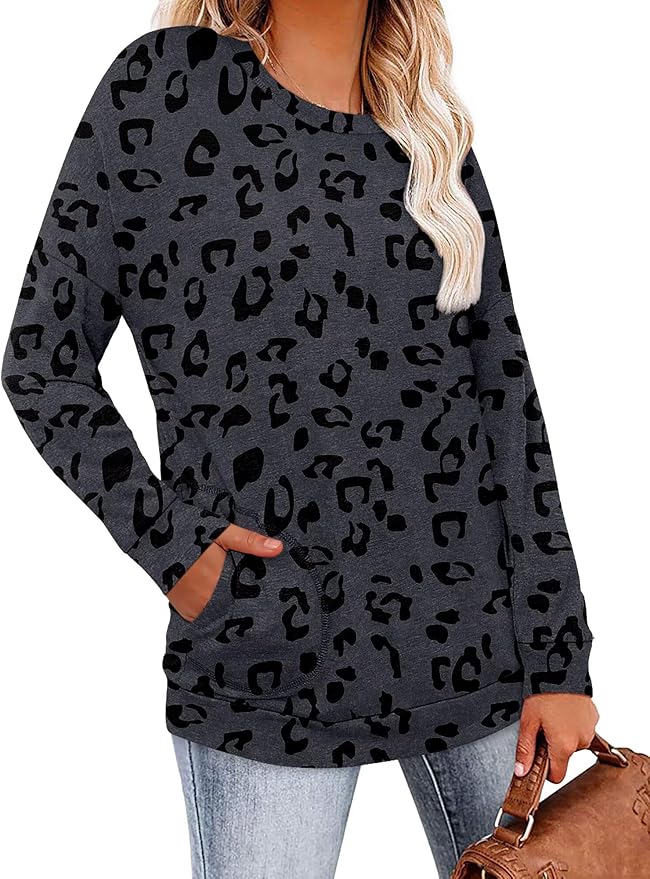 Magritta Women's Long Sleeve Leopard Color Block Tunic Comfy Crewneck T Shirt Tops Black XL