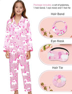 EPLAZA Kids Satin Pajamas Sets Girls Boys Button-Down Silky Pajamas Sleepwear with Hairband Eye Mask Hair Tie