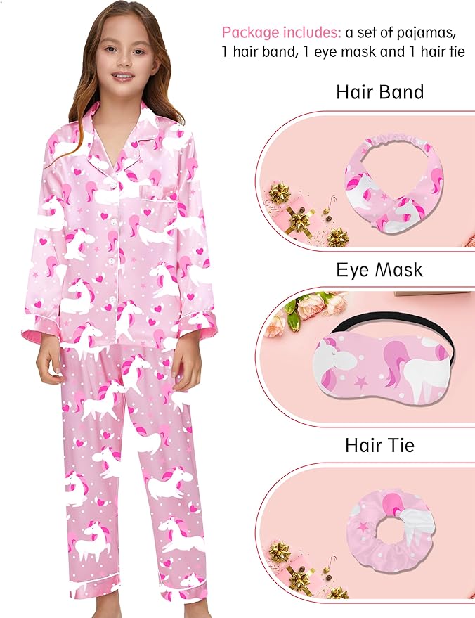 EPLAZA Kids Satin Pajamas Sets Girls Boys Button-Down Silky Pajamas Sleepwear with Hairband Eye Mask Hair Tie