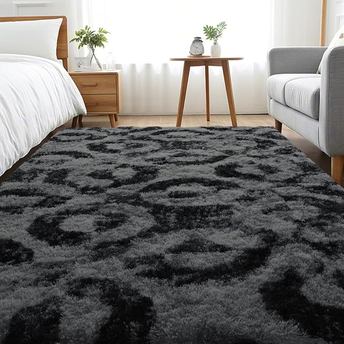 ISEAU 8x10 Area Rug for Living Room, Charcoal Gray Geometric Pattern Plush Rug for Bedroom, Kitchen, Soft Shaggy Carpets, Fluffy and Machine Washable Mats, Nursery Floors Mat, Boys Room Carpet Decor