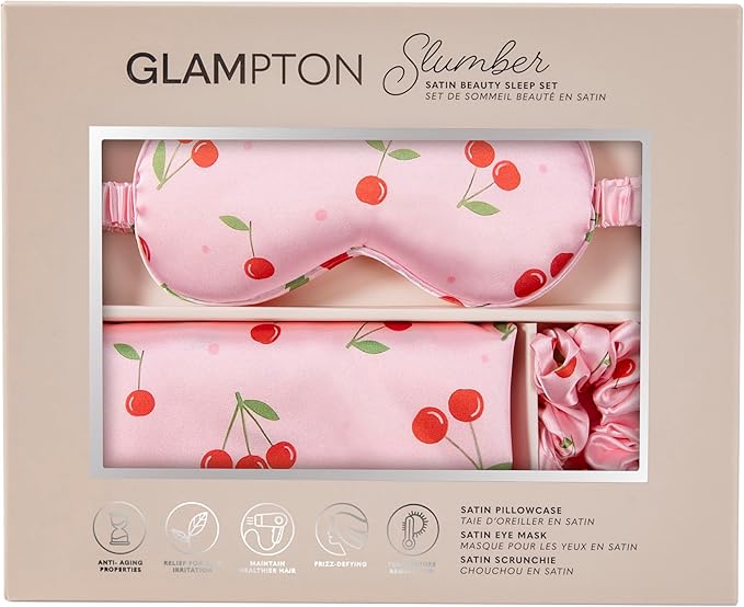 Slumber Satin Beauty Sleep Set, Cherry, 3-Piece Set with Pillowcase, Eye Mask, and Scrunchie