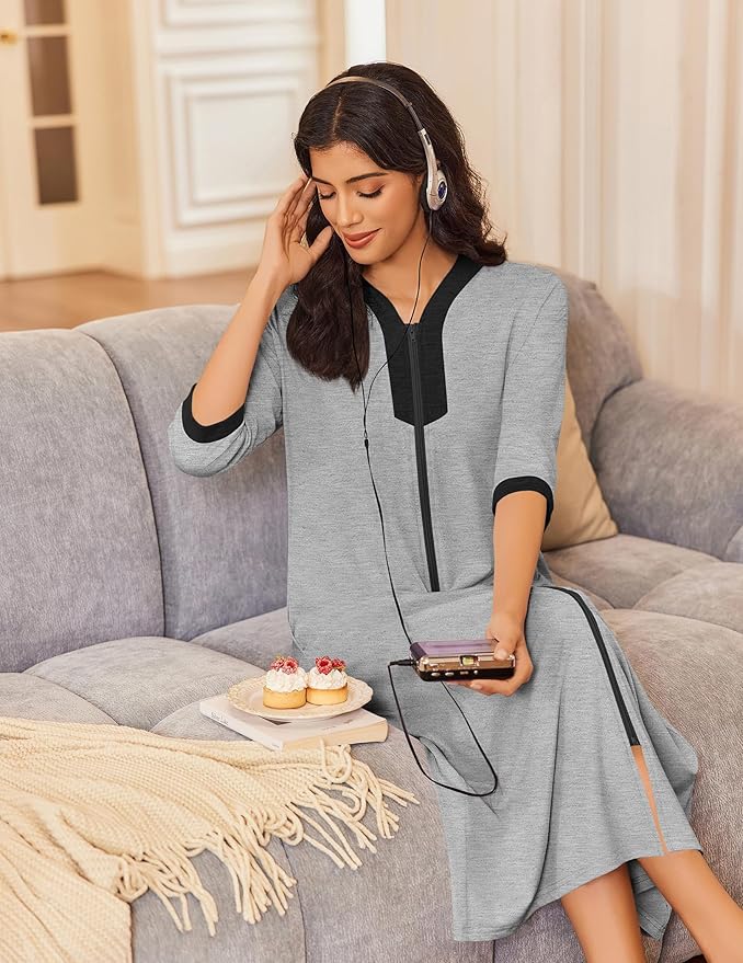 Ekouaer Women's Zipper Robe 3/4 Sleeves Housecoat Full Length Nightgown Soft Loungewear Robe with Pockets S-3XL