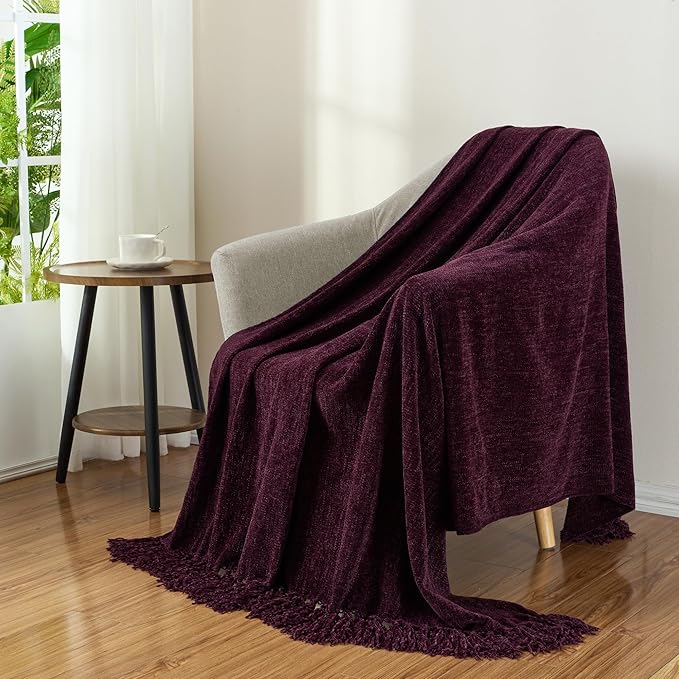 Chenille Throw Blanket for Couch with Tassels,50"X60" Soft Cozy Lightweight Knitted Boho Decorative Blankets for Bed and Sofa,Aubergine