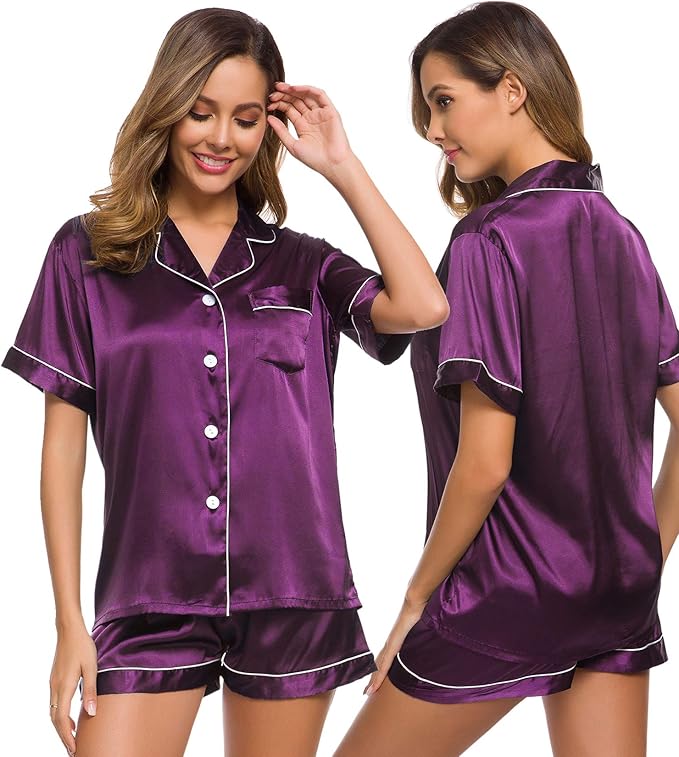 SWOMOG Womens Silk Satin Pajamas Set Short Sleeve Sleepwear Button Down Top and Shorts Loungewear 2 Piece Pjs Set XS-3XL
