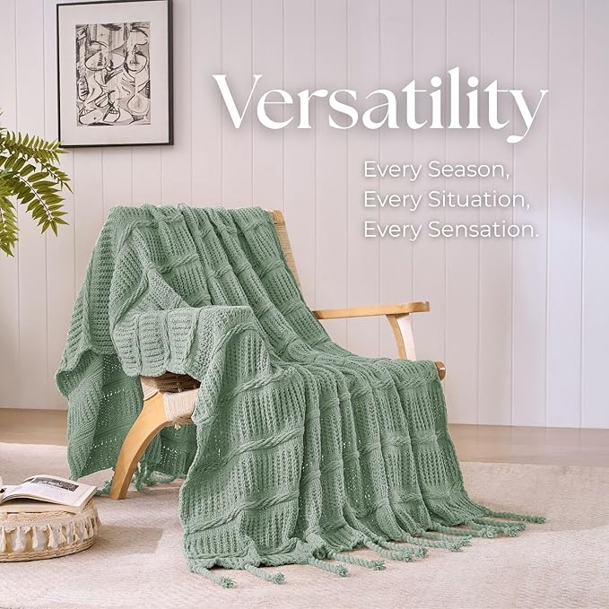 Boho Knitted Chenille Blanket with Tassels - Lightweight & Soft All-Season Throw - 3D Classic Pattern for Living Room Bedroom Couch, Sage Green, Throw 50"x60"