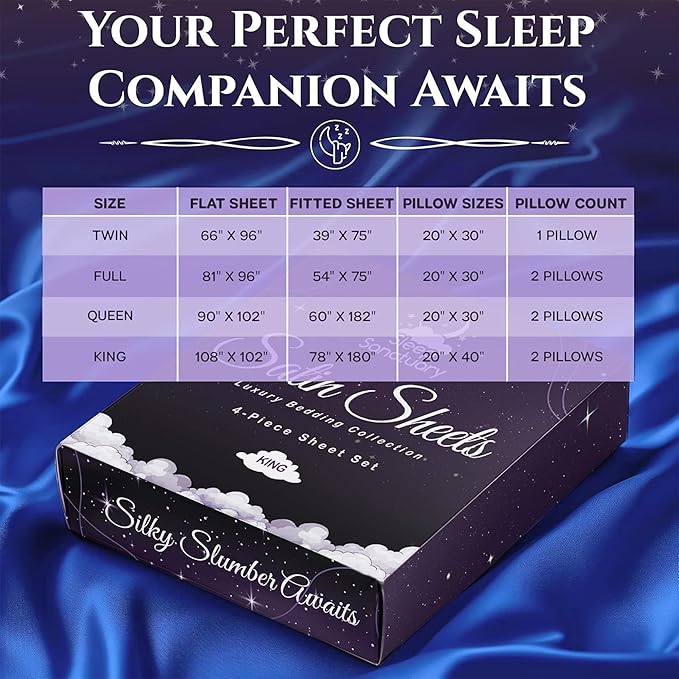 SLEEP SANCTUARY Satin Sheets King Size – 4 Piece Luxury Silky Bed Set, Softer Than Silk, 15" Deep Pocket, Cooling & Wrinkle-Free, Moisture-Wicking & Breathable for Hair & Skin (Blue)