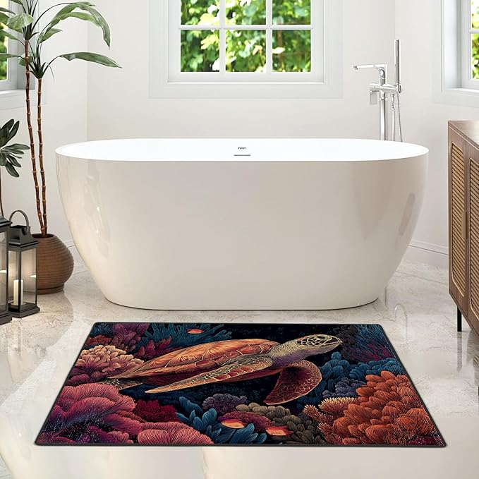 Turtle Area Rug 2x3 ft Entry Rug Washable Boho Rugs Non Slip Low Pile Floral Door Mat Small Carpet for Bedroom, Bedside, Kids Room, Office, Dining Room
