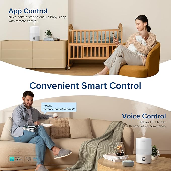 LEVOIT Smart Cool Mist Top Fill Humidifiers for Bedroom with Sensor, Auto Humidity Setting, APP & Voice Control, Essential Oil Diffuser, Ultra Quiet Operation, Super Easy Top Fill, 3L, White