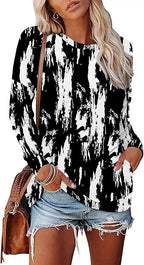 Magritta Women's Long Sleeve Leopard Color Block Tunic Comfy Crewneck T Shirt Tops Black XL