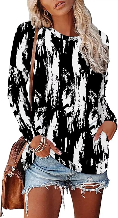 Magritta Women's Long Sleeve Leopard Color Block Tunic Comfy Crewneck T Shirt Tops Black XL