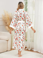 Hellomamma Womens Satin Silk Robe: Lightweight 3/4 Sleeve Comfy Floral Print Kimono Sleepwear for Bride Wedding Party Gift