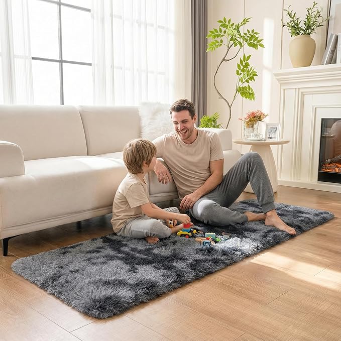 duduta Grey Plush Runner Rugs for Bedroom 2x6 ft, Tie Dye Fluffy Gray Shag Rug for Dorm Nursery Bedside, Machine Washable Non Slip