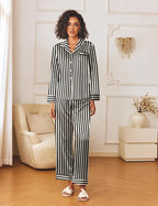Ekouaer Womens Silk Satin Pajama Sets 2 Piece Sleepwear Pjs Set Long Sleeve Button Down Top and Pants Stripe Loungewear S-XXL