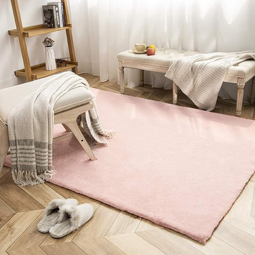 Ashler Faux Fur Rug, Ultra Soft Faux Rabbit Fur, Pink Area Rugs, 5 x 7 Feet Rectangle, Machine Washable Nursery Decor Throw Rugs for Bedroom, Kids Room, Living Room