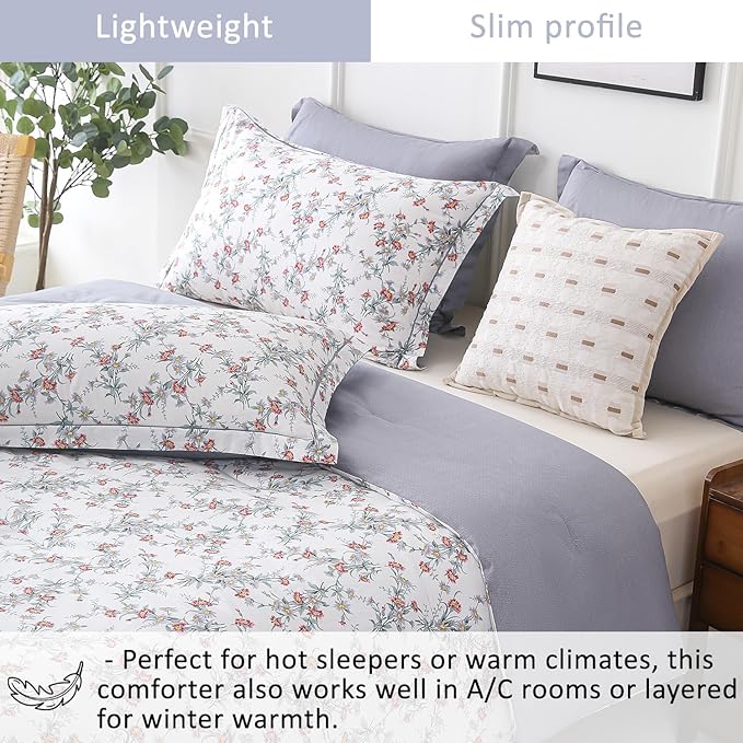 ALEISSEL White Floral Cotton Comforter King Size - 3PC Lightweight Bedding Sets with Soft Fill, Elegant Pale Purple & Burgundy Botanical Patterns with Light Gray Reversible Design