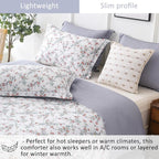 ALEISSEL White Floral Cotton Comforter King Size - 3PC Lightweight Bedding Sets with Soft Fill, Elegant Pale Purple & Burgundy Botanical Patterns with Light Gray Reversible Design