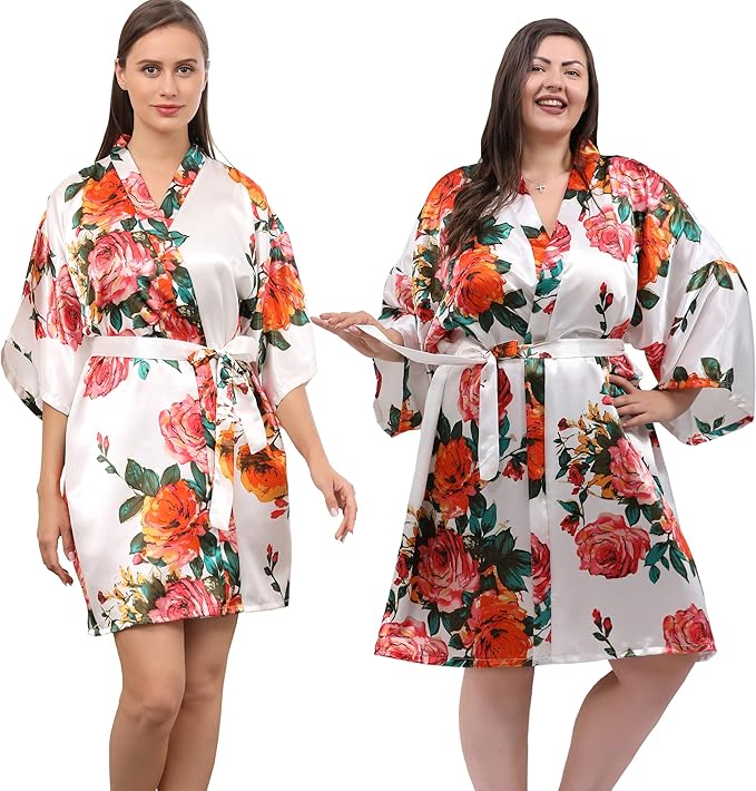 QXQTER Peony Floral Silky Satin Robe Wedding Bridal Party Bride Bridesmaid Robes for Women Dressing Gown Kimono Robe