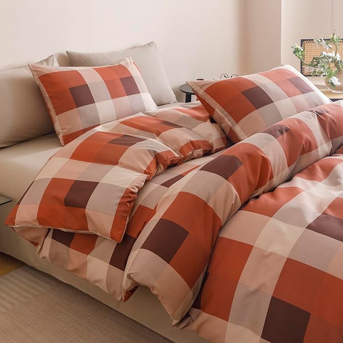 CLOTHKNOW Rust Khaki Plaid Comforter Set King Size Gingham Bedding Comforter Sets Geometric Comforter King with 2 x Pillow Cases