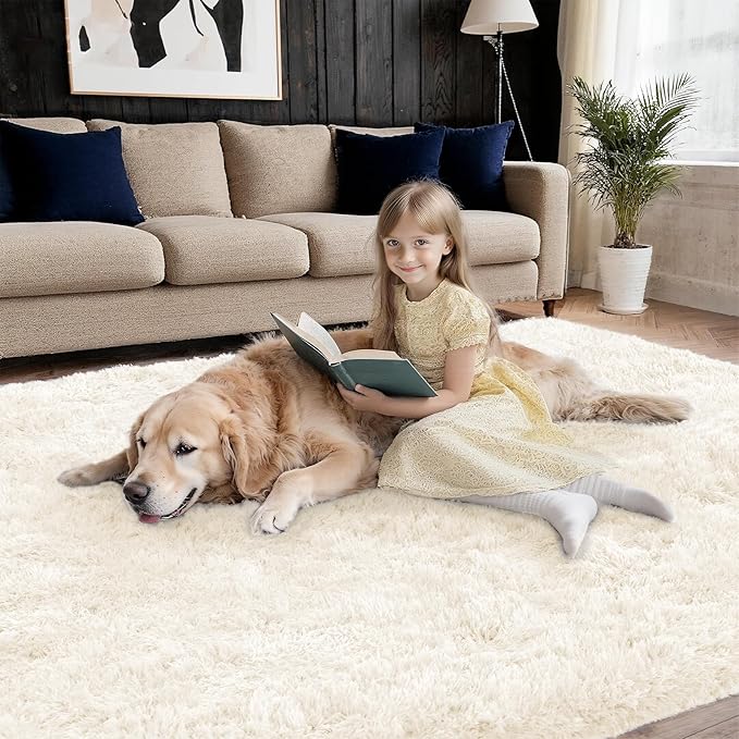 Shag 4x6 Area Rug, Cream Rugs for Bedroom Living Room, Non-Slip Ultra Soft Shaggy Fluffy Area Carpet for Kids Room, Dorm, Girls Room, Study, Office, Playroom, Easy to Clean, Modern Home Décor