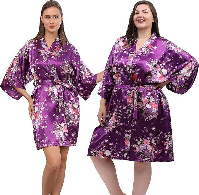 QXQTER Peony Floral Silky Satin Robe Wedding Bridal Party Bride Bridesmaid Robes for Women Dressing Gown Kimono Robe