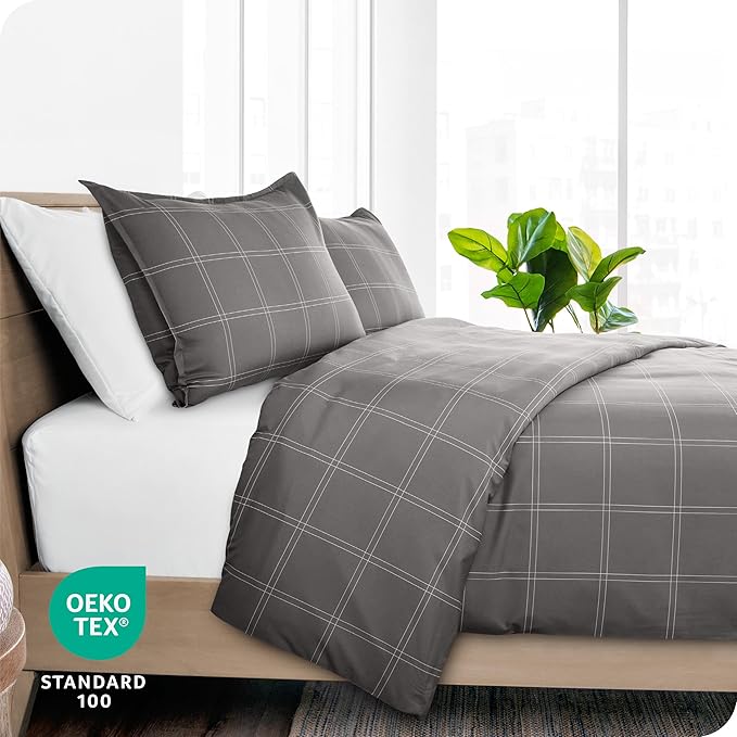 Bare Home Duvet Cover - Oversized Queen Size Bedding Set - Premium 1800 Super Soft Collection - Lightweight, Cooling - Soft Breathable Duvet Cover (Oversized Queen, Modern Plaid - Grey/White)
