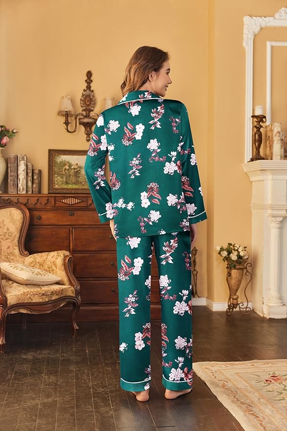 Ekouaer Women's Classic Button Down Long Satin Silk Pajama Set