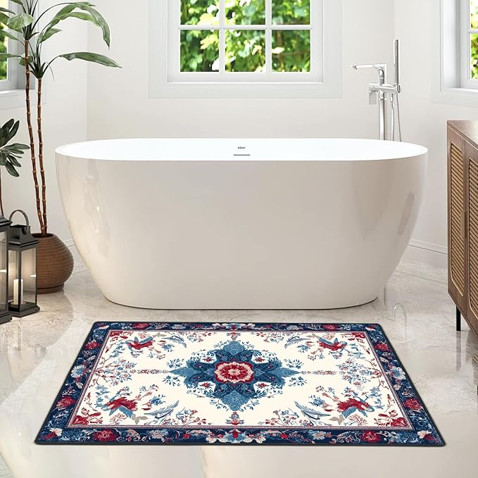 Area Rug 2x3 ft Entry Rug Washable Boho Rugs Non Slip Low Pile Floral Door Mat Small Carpet for Nursery, Bedroom, Bedside, Kids Room, Office, Dining Room