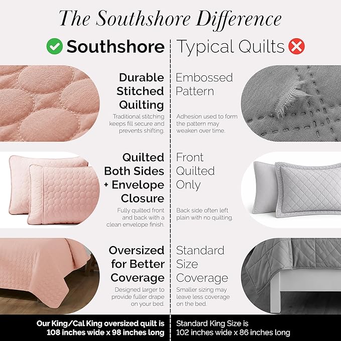 Southshore Fine Living, Inc. Lightweight Quilt, Oversized Quilts for King Bed, Soft Coverlet, 3-Piece Bedspread Set with Two Matching Quilted Pillow Shams, California/King Quilts, Pastel Pink