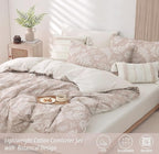 ALEISSEL Natural Cotton 3pcs Botanical Comforter Sets King Size-Dusty Pink Comforter with Luxurious White Leaves & Branches, Reversible Lightweight Beige Bedding Sets(King 104"×90")