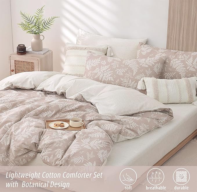 ALEISSEL Natural Cotton 3pcs Botanical Comforter Sets King Size-Dusty Pink Comforter with Luxurious White Leaves & Branches, Reversible Lightweight Beige Bedding Sets(King 104"×90")