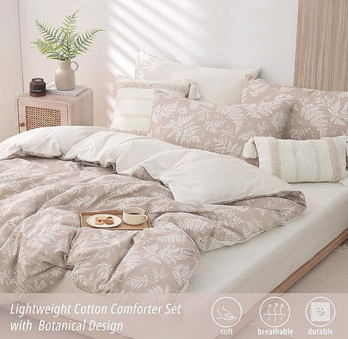 ALEISSEL Natural Cotton 3pcs Botanical Comforter Sets King Size-Dusty Pink Comforter with Luxurious White Leaves & Branches, Reversible Lightweight Beige Bedding Sets(King 104"×90")