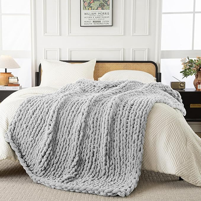 Ultra Soft Chunky Knit Throw Blanket 50x70 Hand Knitted Warm Chenille Throw Blanket, Home Decor Soft Thick Yarn Cable Knit Blanket Breathable Fleece Banket Christmas for Couch Bed Sofa Best Gift