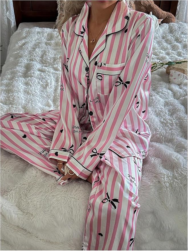WDIRARA Women's 2 Piece Bowknot Print Satin Pajama Set Long Sleeve Button Down Lounge Pants Sleepwear Sets