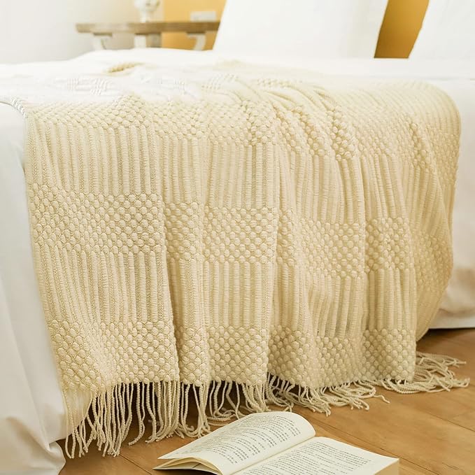 Blagic Knitted Throw Blanket for Couch, Bed and Sofa. Super Soft Blanket with Tassels, Beige/Ivory Throw Blanket, 50 x 60 Inches Lightweight & Cosy Home Decor