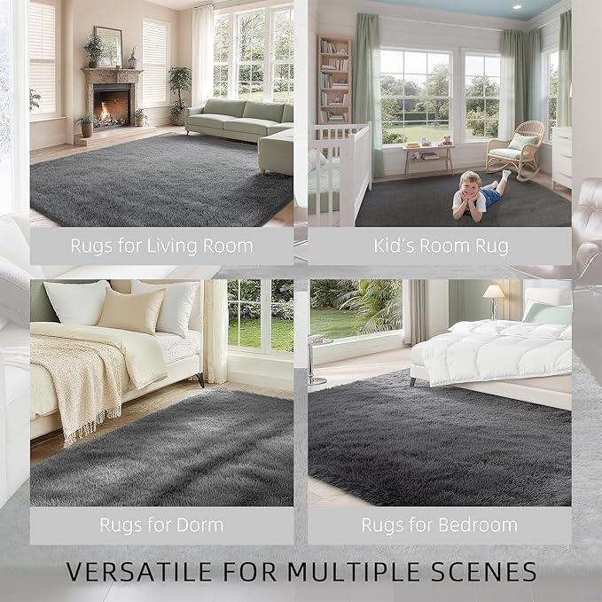Ultra Soft Shag 8x10 Gray Area Rug – 8x10 Rugs for Living Room, Non-Slip, Fluffy Plush Large Carpet, Shaggy Furry Rug for Bedroom, Dorm, Kids and Girls Room, Nursery, Home Office Décor