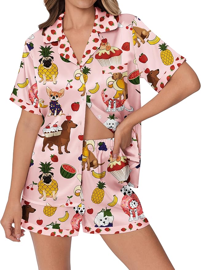 Ekouaer Womens Silk Satin Pajamas Set Animals Print Pjs Button Down Short Sleeve Lounge Set 2 Piece Sleepwear