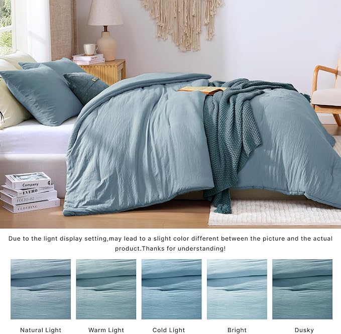 WRENSONGE King Size Comforter Set - 3 Pieces Dusty Blue Comforter Prewashed Soft Lightweight for All Seasons,Fluffy Down Alternative Comforter King Size with 2 Pillow Shams