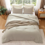 WRENSONGE Full Size Comforter Sets - 3 Pieces Light Oatmeal Comforter Prewashed Soft Lightweight for All Seasons, Fluffy Down Alternative Comforter Full Size with 2 Pillow Shams