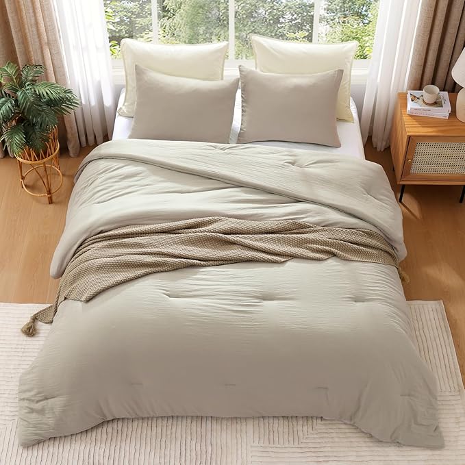 WRENSONGE Queen Comforter Set - 3 Pieces Prewashed Light Oatmeal Comforter Soft Lightweight for All Seasons,Down Alternative Comforters Queen Size with 2 Pillow Shams