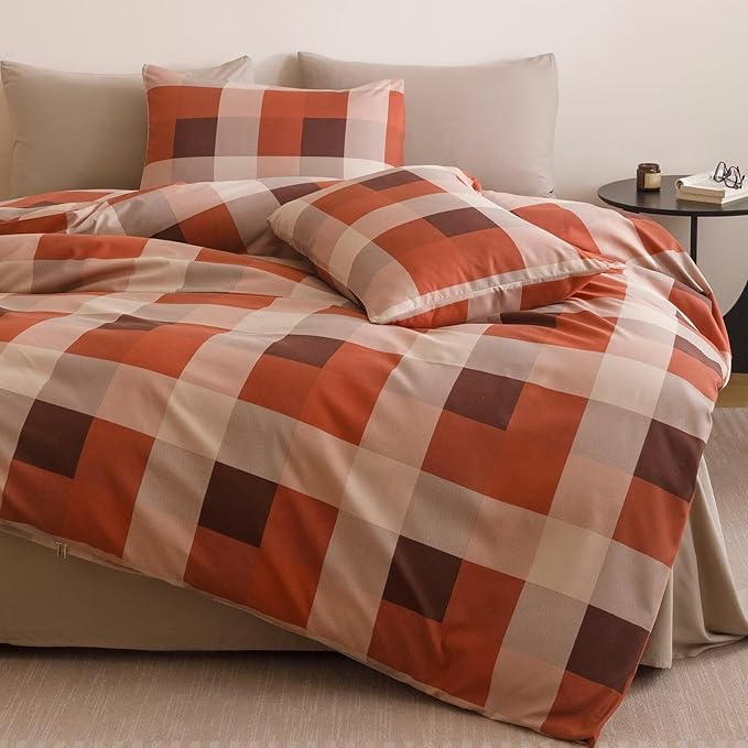 Luxlovery Checkered Red Comforter Set Cal King Gingham Bedding Set Women's Bedding Grid Bedding Set Fluffy Soft Cottagecore Khaki and Brick Red Blanket Quilts with 2 Pillowcases California King Bed